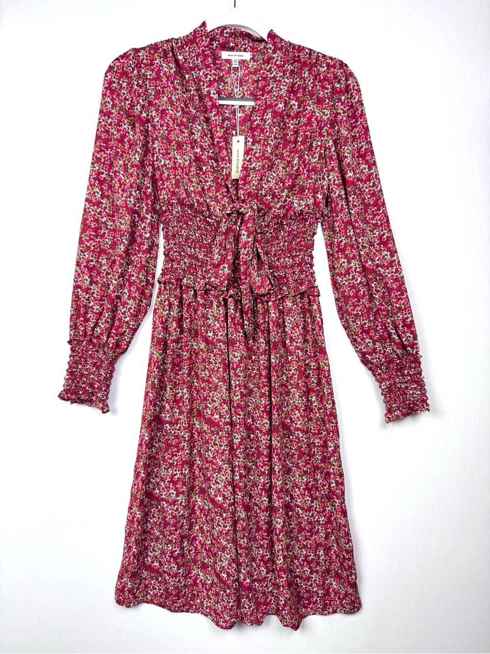 Max Studio Smocked Waist Midi Dress Red Floral Flowy V Neck Bow XS - Picture 2 of 10